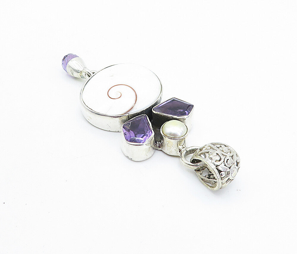 925 Sterling Silver  Vintage Shiva Eye Shell Amethyst & Pearl Pendant  PT3104