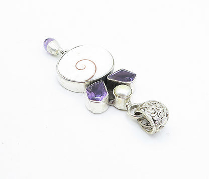 925 Sterling Silver  Vintage Shiva Eye Shell Amethyst & Pearl Pendant  PT3104