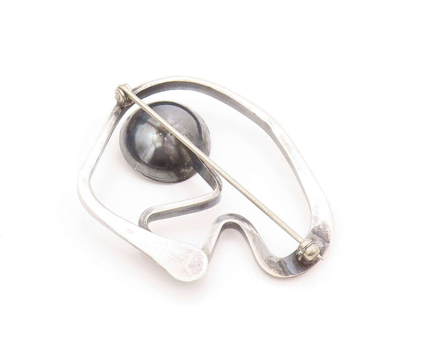 925 Sterling Silver Vintage Brooch Pearl Dark Tone Brutalist Design Cut  BP11512