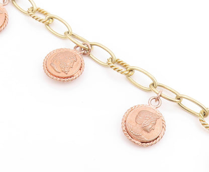925 Sterling Silver Vintage Bracelet Gold Rings Dangling Men Face Coins  BT10985