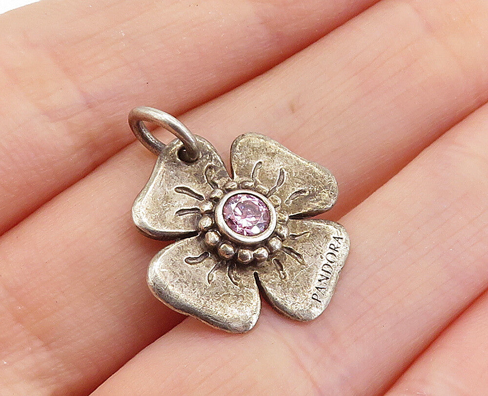 PANDORA 925 Sterling Silver  Vintage Pink Topaz Flower Motif Pendant  PT4199