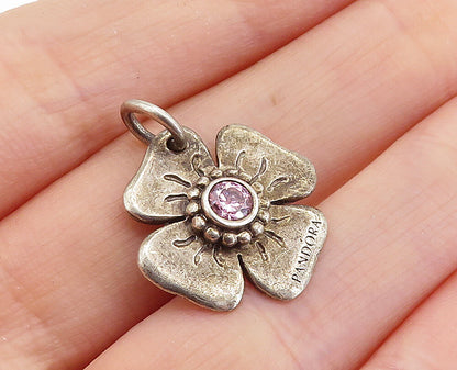 PANDORA 925 Sterling Silver  Vintage Pink Topaz Flower Motif Pendant  PT4199