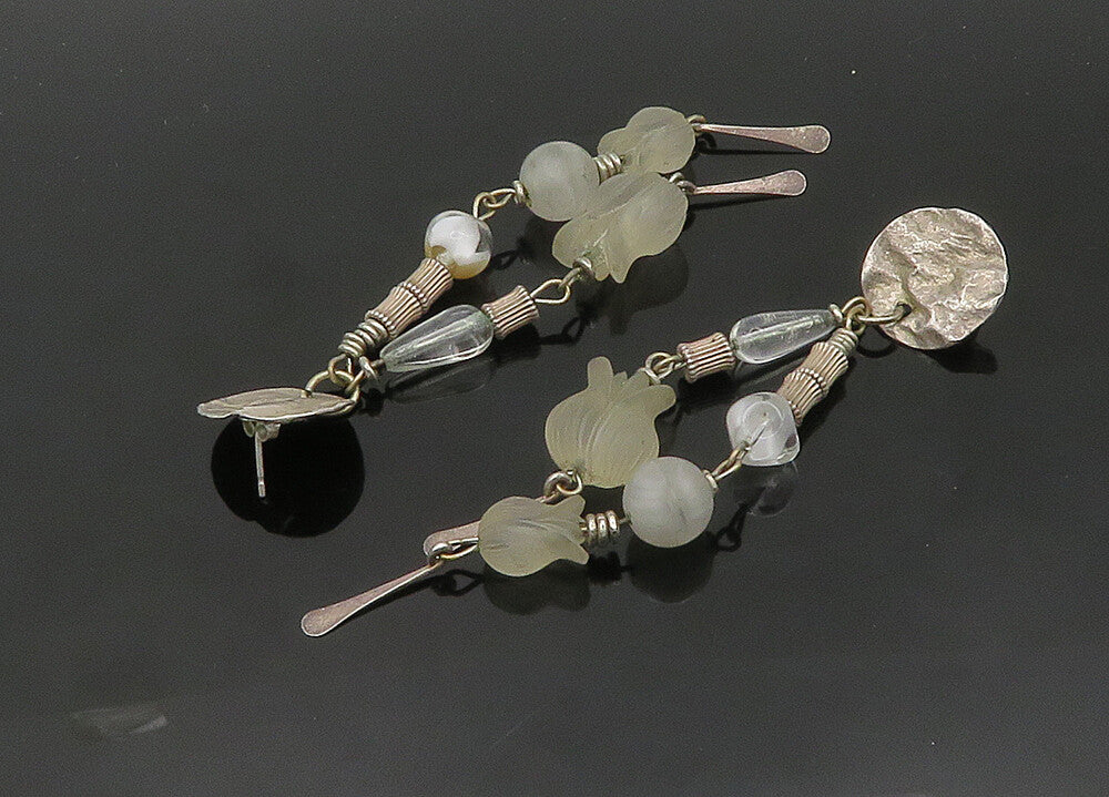 925 Sterling Silver  Vintage Quartz Flower Beaded Dangle Earrings  EG10278