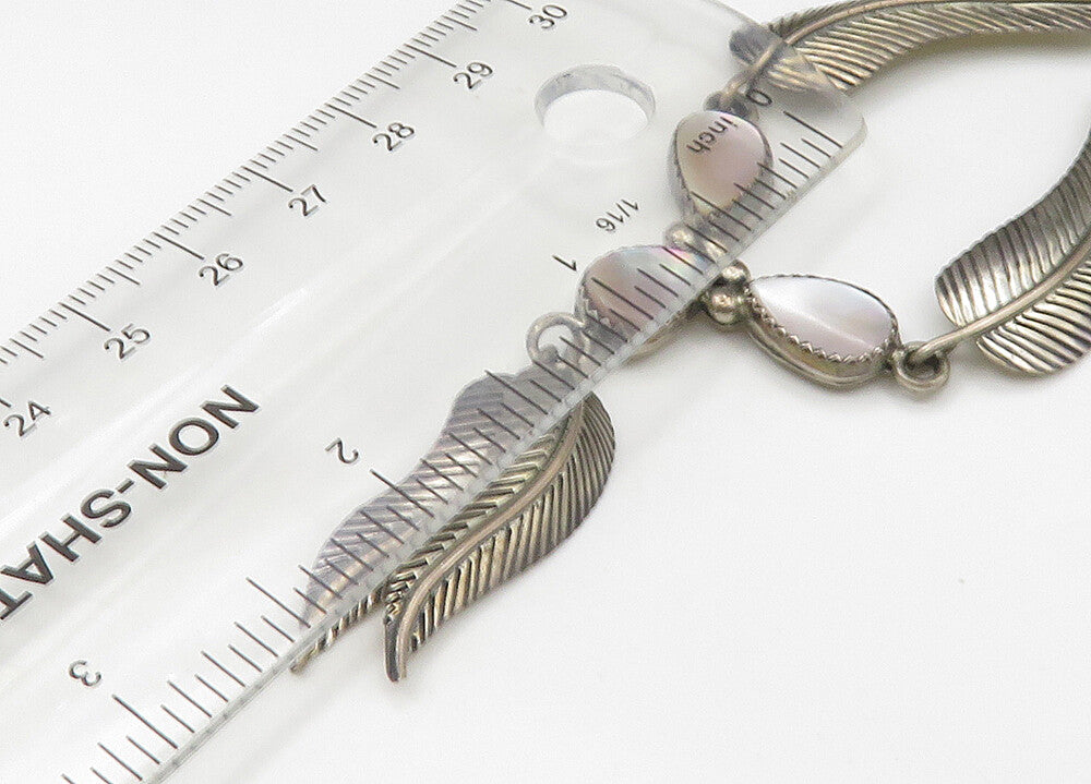 NAVAJO 925 Silver  Vintage Mother Of Pearl Floral Leaf Chain Necklace  NE3655