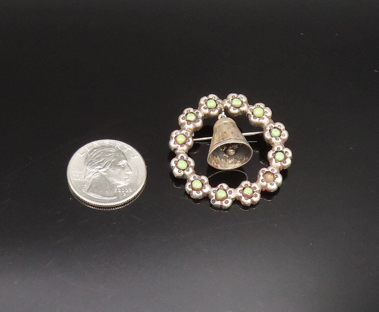 925 Silver  Vintage Antique Jingle Bell Serpentine Wreath Brooch Pin  BP9580