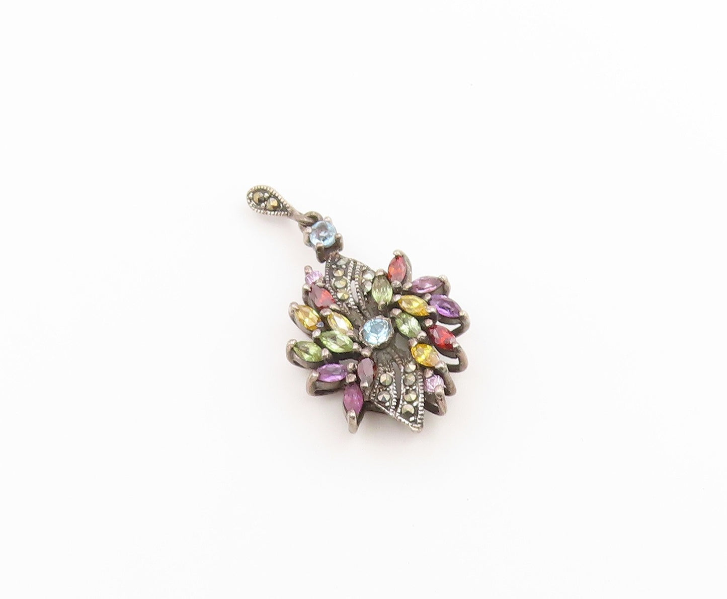 925 Sterling Silver Vintage Pendant Classic Multi Gemstone Floral Charm  PT26614