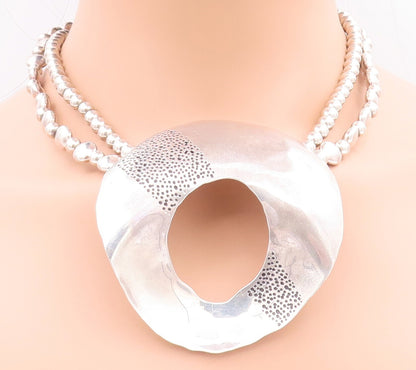 925 Sterling Silver Vintage Necklace Designer Beaded Chain Large Doughnut NE4279