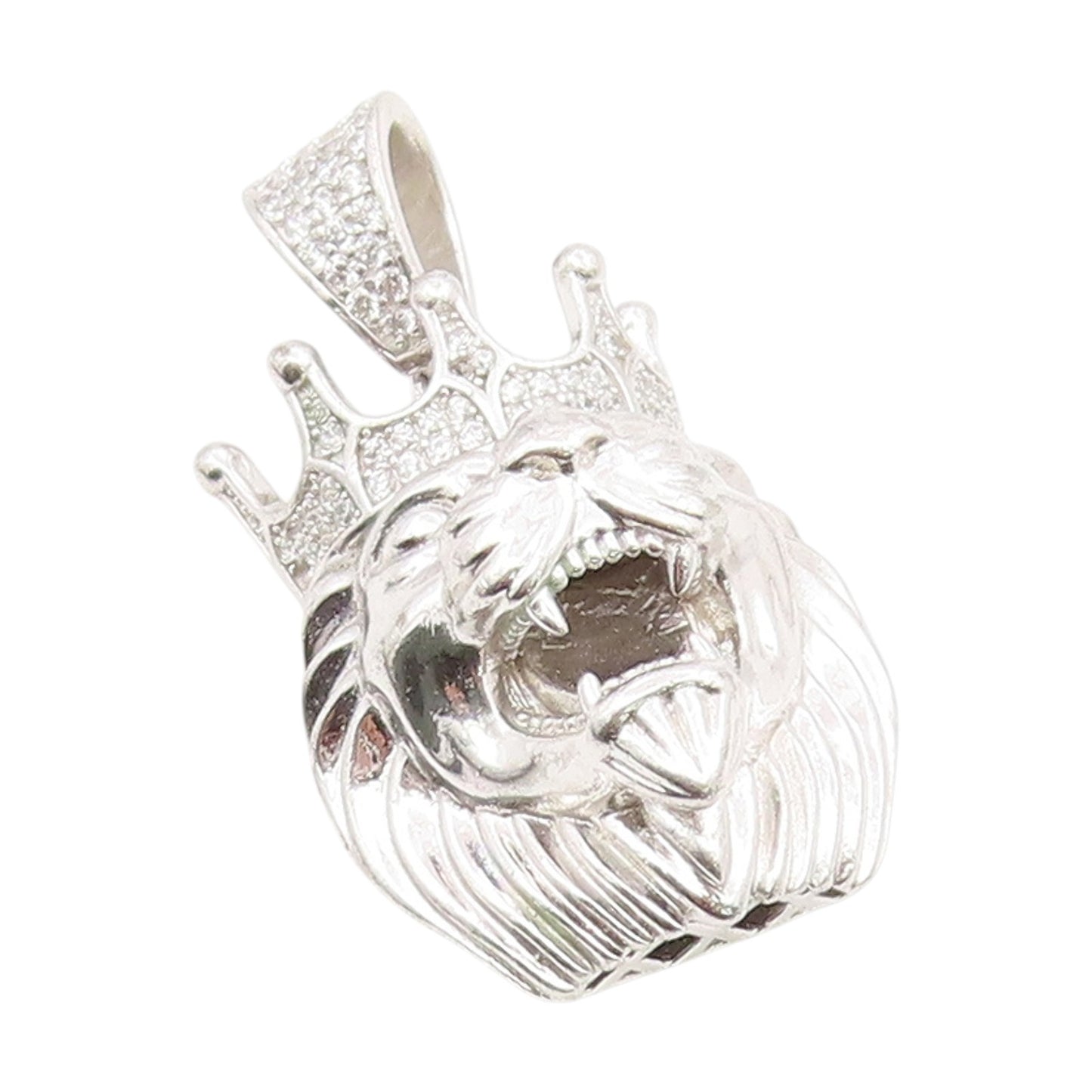 925 Sterling Silver Vintage Pendant CZ Crowned Roaring Lion King Charm  PT25737
