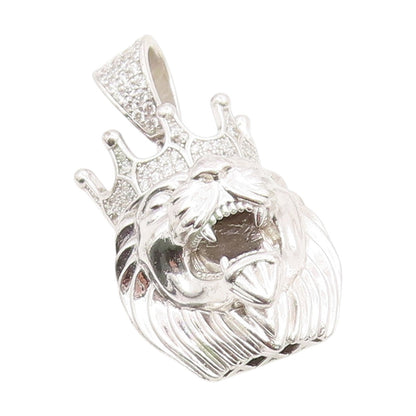 925 Sterling Silver Vintage Pendant CZ Crowned Roaring Lion King Charm  PT25737