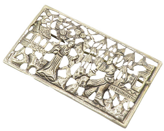 925 Sterling Silver  Vintage Cutout People Scene Square Brooch Pin  BP5624