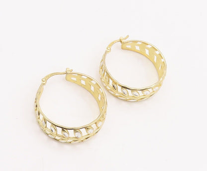 925 Sterling Silver Vintage Earrings Gold Plated Leaf Cutout Hoops  EG13089