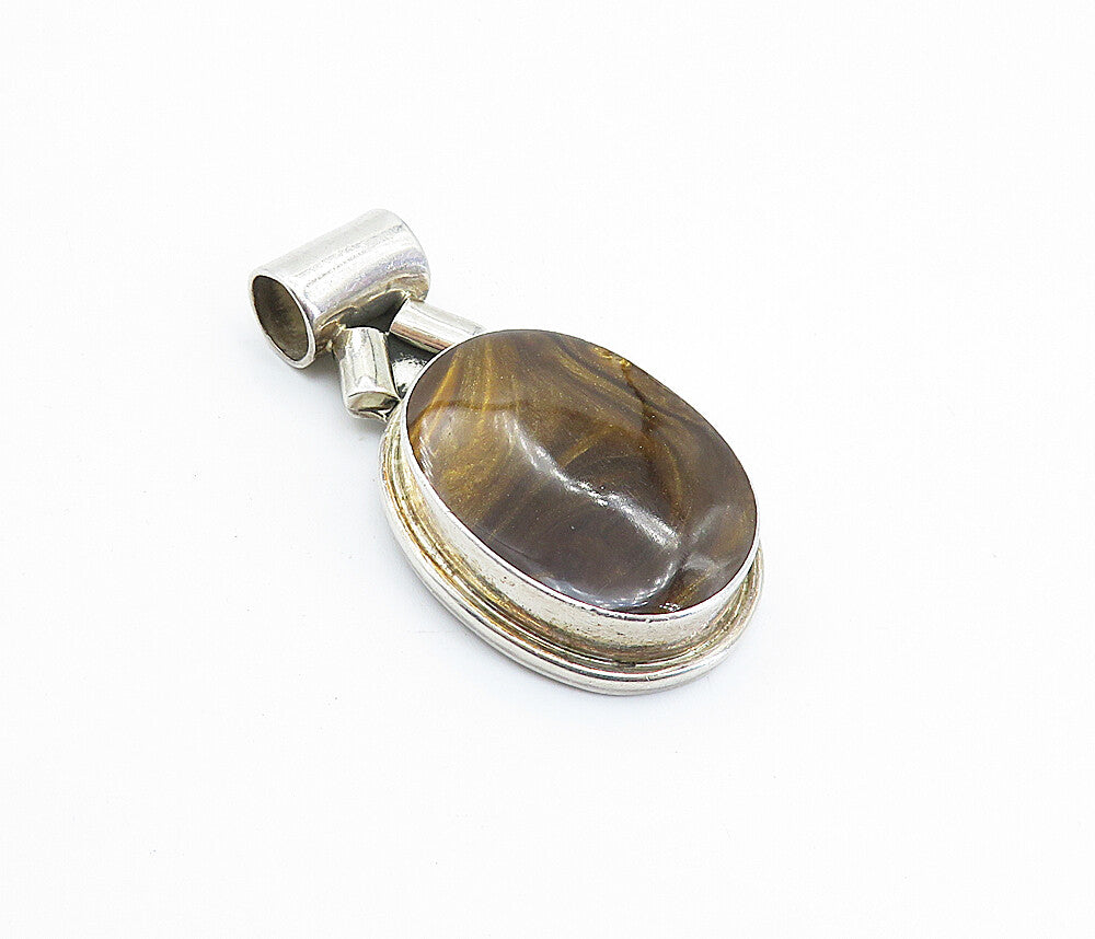 MEXICO 925 Sterling Silver  Vintage Tiger's Eye Oval Slide Pendant  PT4888
