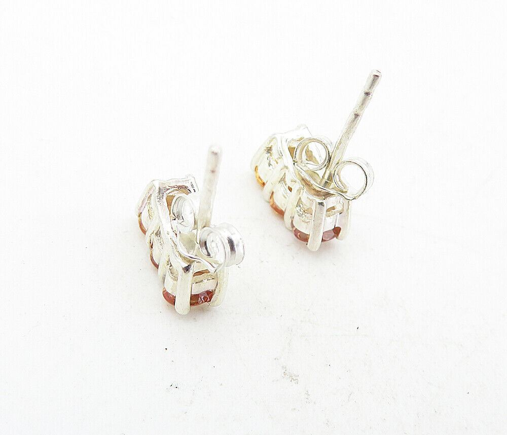 925 Sterling Silver  Petite Prong Set Peach Topaz 3 Stone Drop Earrings EG4074