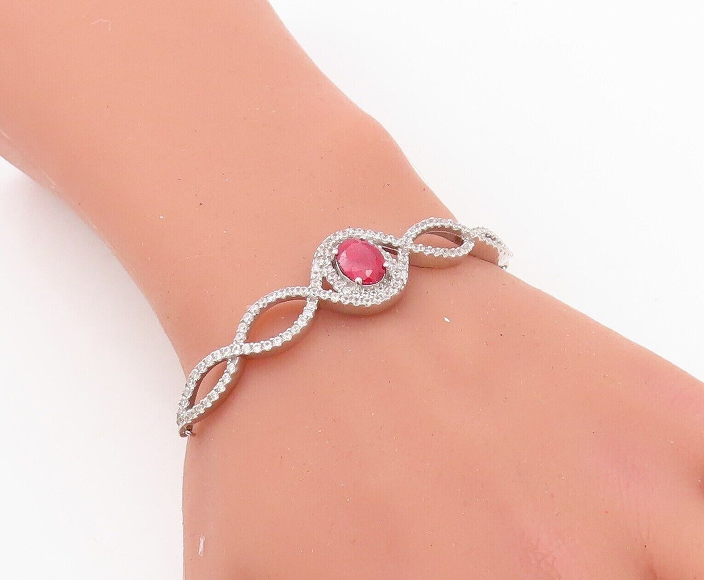 925 Sterling Silver Vintage Bracelet Real Ruby & Topaz Bolo Lock BT10749