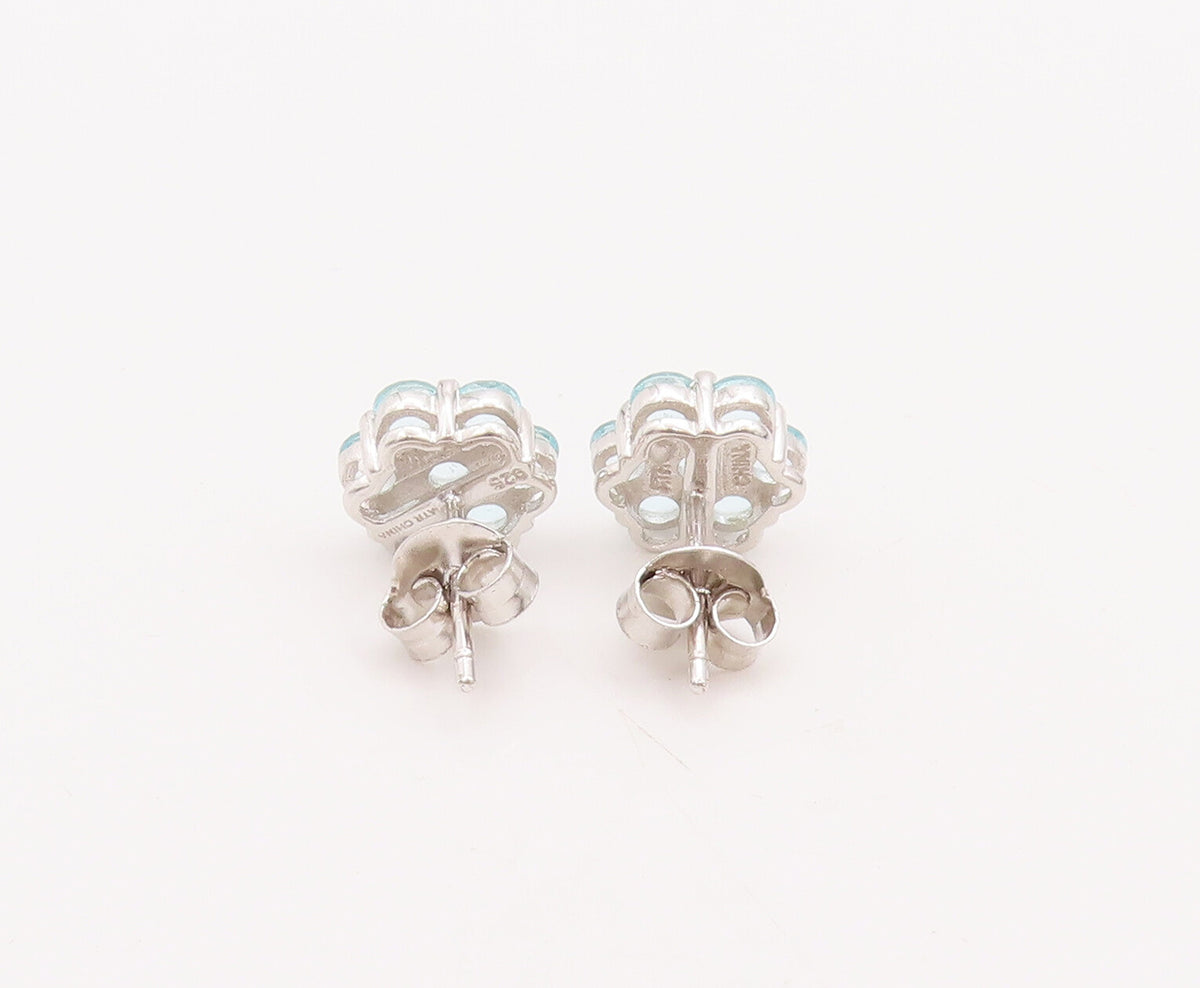 925 Sterling Silver Vintage Earrings Round Blue CZ Beaded Flower  EG12999