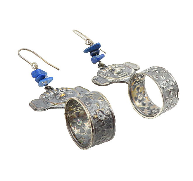 925 Sterling Silver Vintage Lapis Lazuli Traditional Face Dangle Earrings EG4647