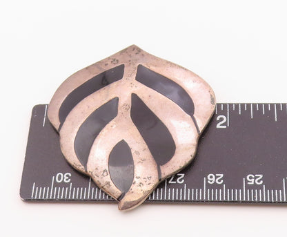 MEXICO 925 Sterling Silver  Vintage Black Onyx Floral Leaf Brooch Pin  BP4679