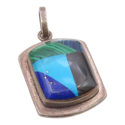 MEXICO 925 Silver  Vintage Inlaid Malachite Onyx & Multi Stone Pendant PT21188