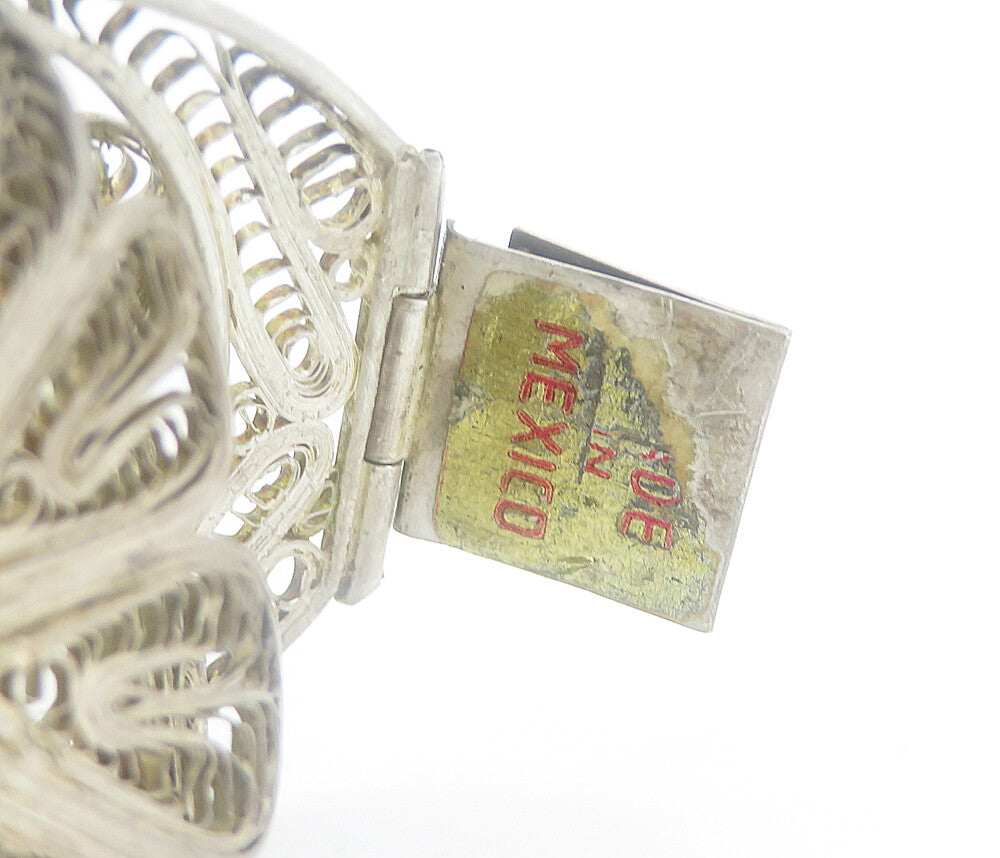 MEXICO 925 Sterling Silver  Vintage Filigree Flower Panel Bracelet  BT3405
