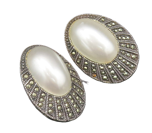 925 Silver  Vintage Mother Of Pearl & Marcasite Oval Drop Earrings  EG11879