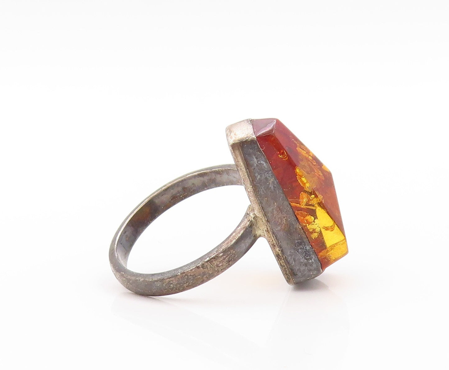 925 Sterling Silver Vintage Ring Amorphas Shape Cut Honey Amber  Sz 8.5  RG32677