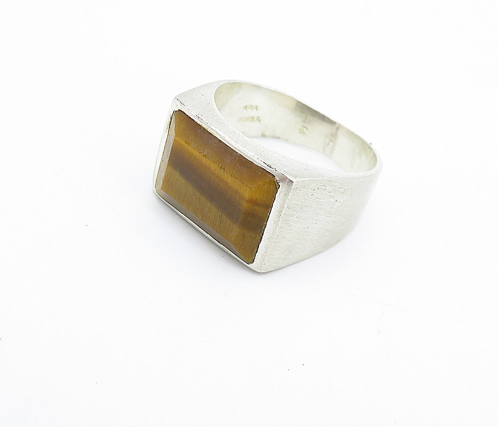 925 Sterling Silver Vintage Tiger's Eye Matte Square Band Ring Sz 8 RG7962