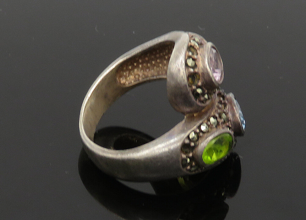 925 Sterling Silver Vintage Topaz Peridot & Multi Stone Bypass Ring Sz 7 RG20160