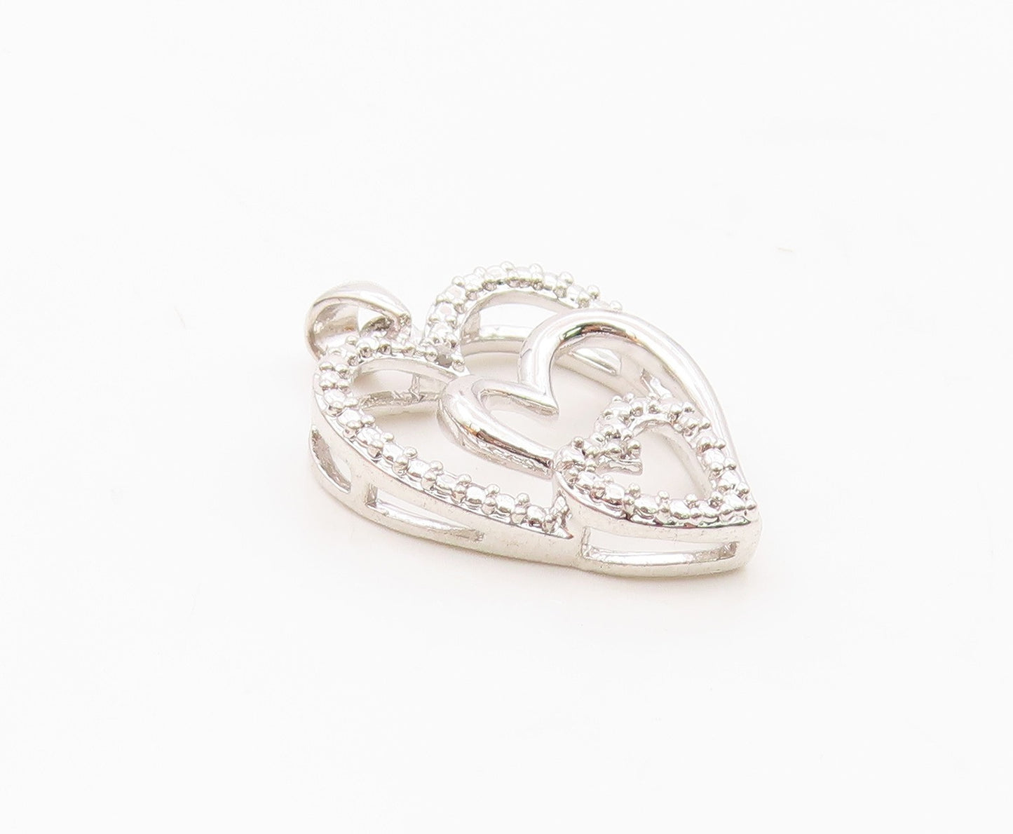 925 Silver  Vintage Genuine Diamond Graduated Love Hearts Pendant  PT15685