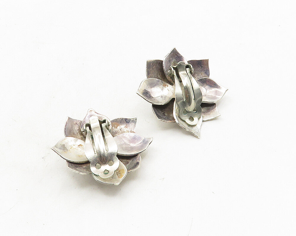 MEXICO 925 Silver  Vintage Black Onyx Flower Motif Non Pierce Earrings  EG5335