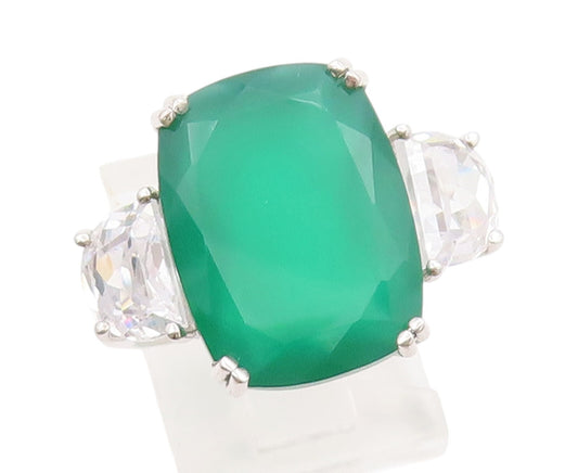 925 Sterling Silver Vintage Ring Rectangle Gemstone & CZ Inlay  Sz 7  RG31830