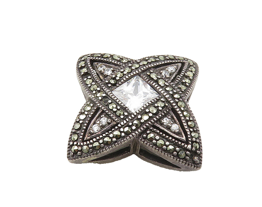 925 Sterling Silver  Vintage Shiny Cubic Zirconia & Marcasite Pendant  PT12656