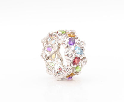 925 Sterling Silver Vintage Ring Brutalist Drop & Round Gemstones Sz 7.5 RG32680