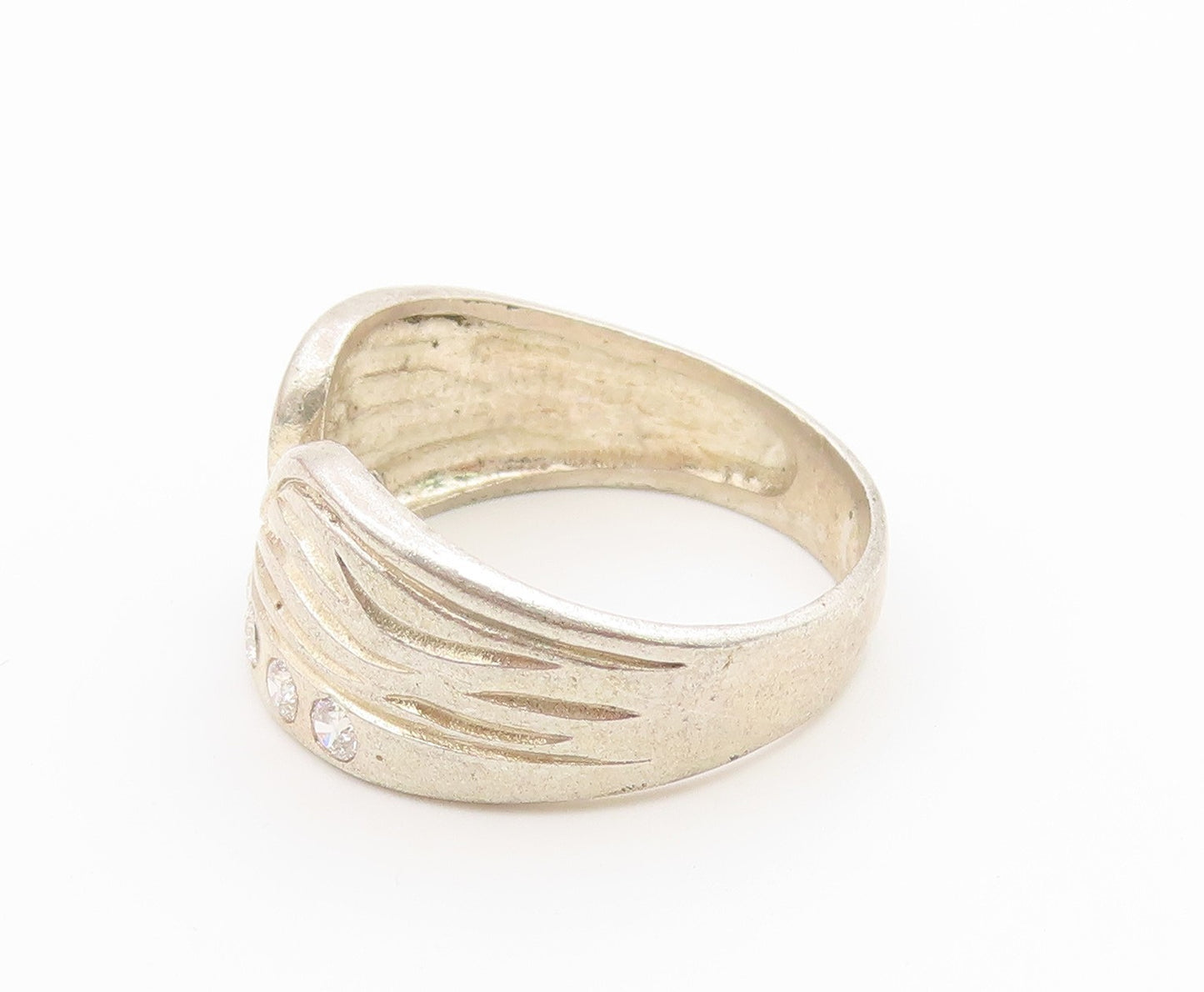 925 Sterling Silver Vintage Ring CZ Carved Celestial Wing Band  Sz 8  RG36924
