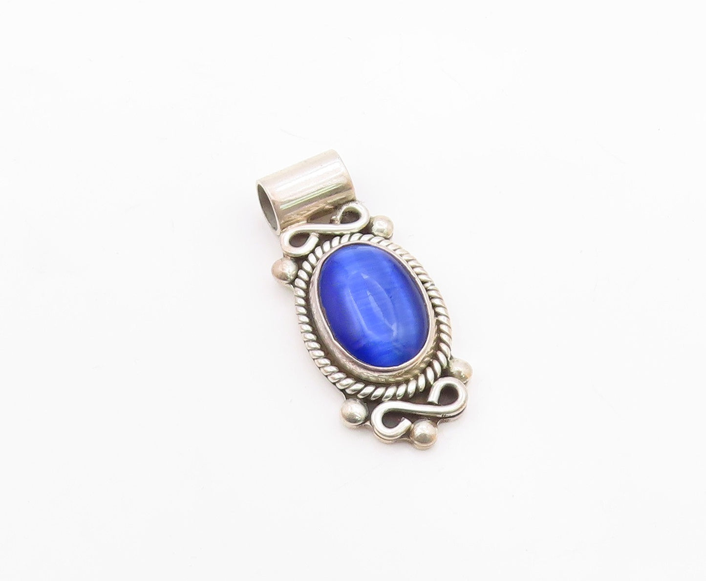 925 Silver  Vintage Twisted Rope & Swirl Edge Blue Cat's Eye Pendant  PT21564