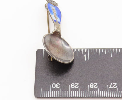 HGLS DENMARK 925 Silver  Vintage Carved Royal Enamel Spoon Brooch Pin  BP10295