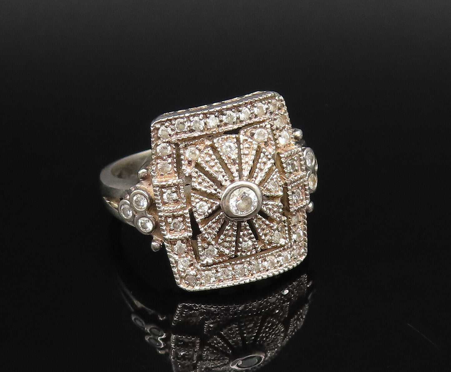 925 Silver  Vintage Openwork Square Frame Cubic Zirconia Ring Sz 9  RG25951
