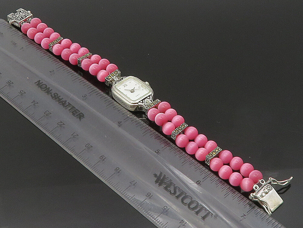 925 Sterling Silver  Beaded Cat's Eye & Marcasite Watch Bracelet  BT1022