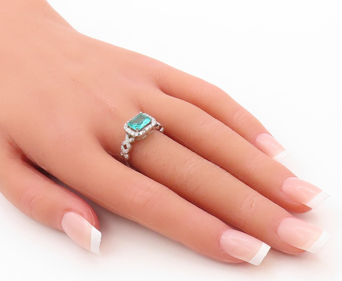 925 Sterling Silver Vintage Ring Designer Sea Blue & White CZ Inlay Sz 7 RG30896