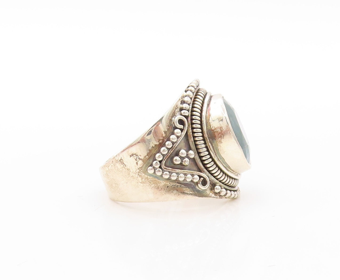 925 Sterling Silver Vintage Ring Bead Design Carved Oval Gemstone  Sz 7  RG30596