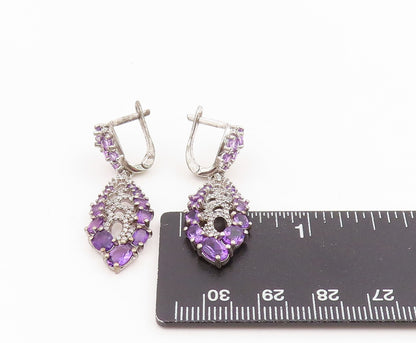 925 Sterling Silver Vintage Earrings Amethyst & CZ Marquise Cluster Drop EG13837