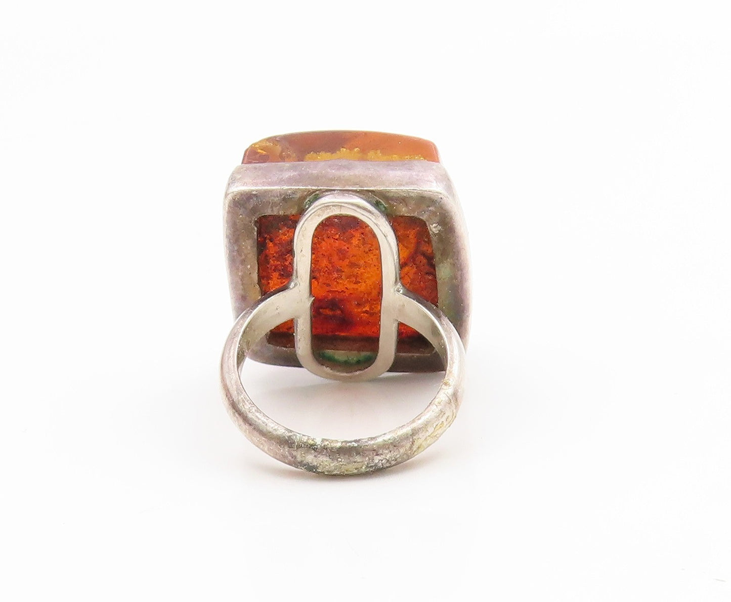 925 Sterling Silver Vintage Ring Amber Geometric Square Band  Sz 7.5  RG35265