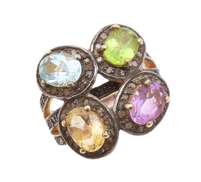 925 Sterling Silver Vintage Ring Gold Plated Diamonds & Gemstones  Sz 7  RG30239