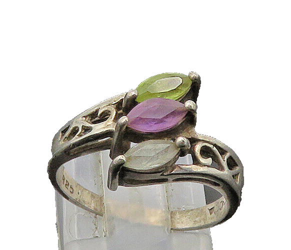925 Silver  Vintage Amethyst Peridot & Blue Topaz Band Ring Sz 7  RG21205