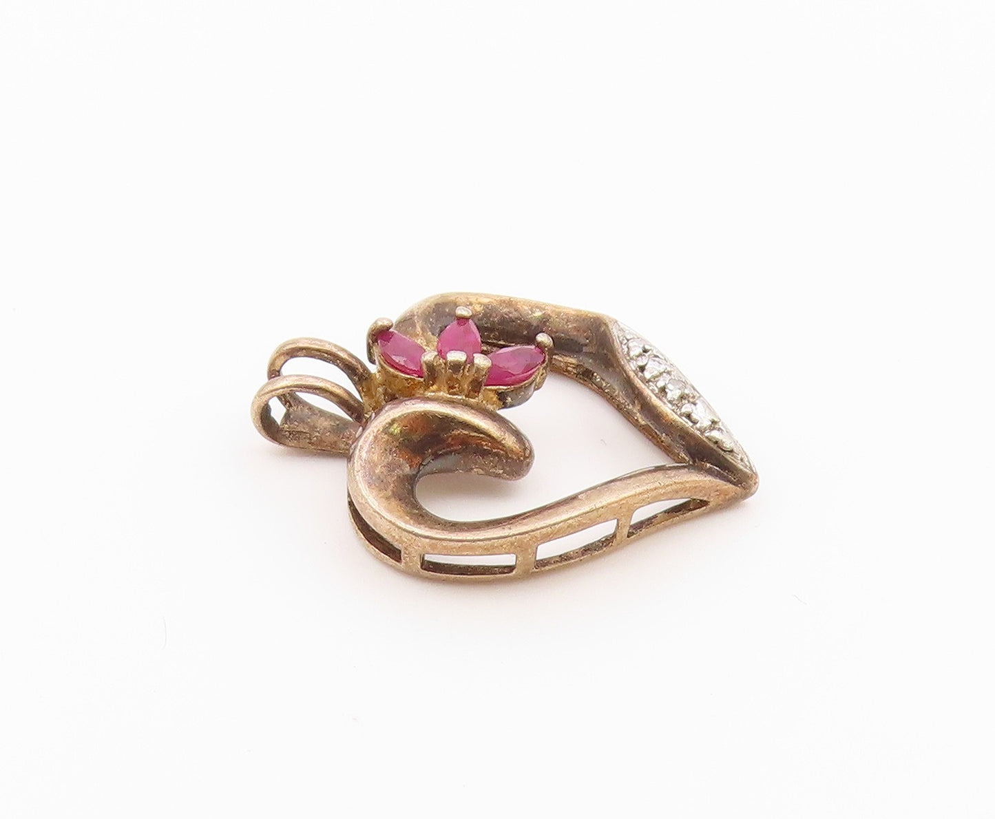 925 Sterling Silver  Vintage Marquise Ruby Two Tone Love Heart Pendant PT20843