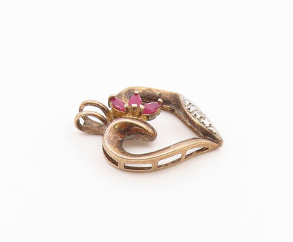 925 Sterling Silver  Vintage Marquise Ruby Two Tone Love Heart Pendant PT20843