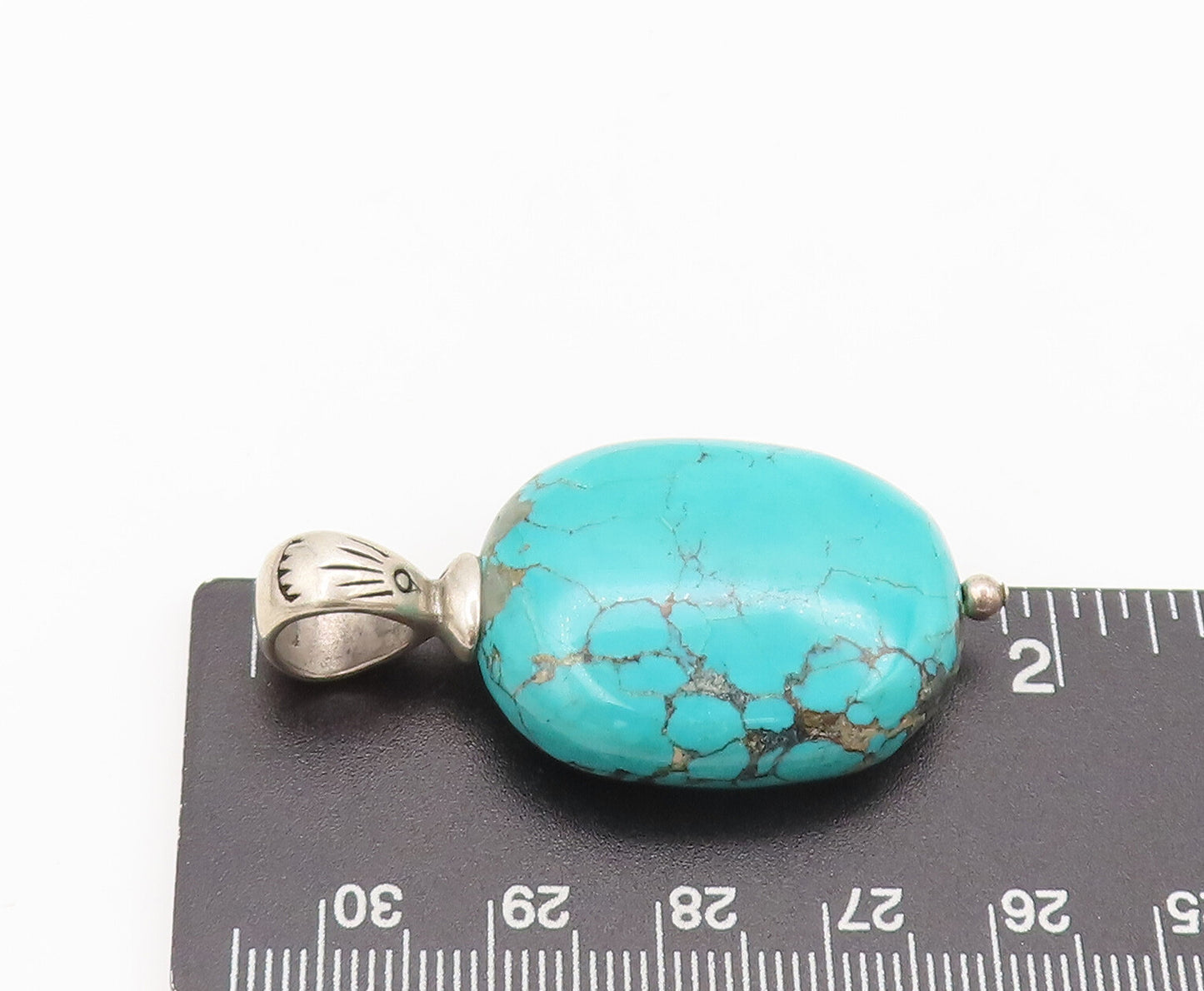 925 Sterling Silver  Vintage Solid Oval Turquoise Drop Etched Pendant  PT22357