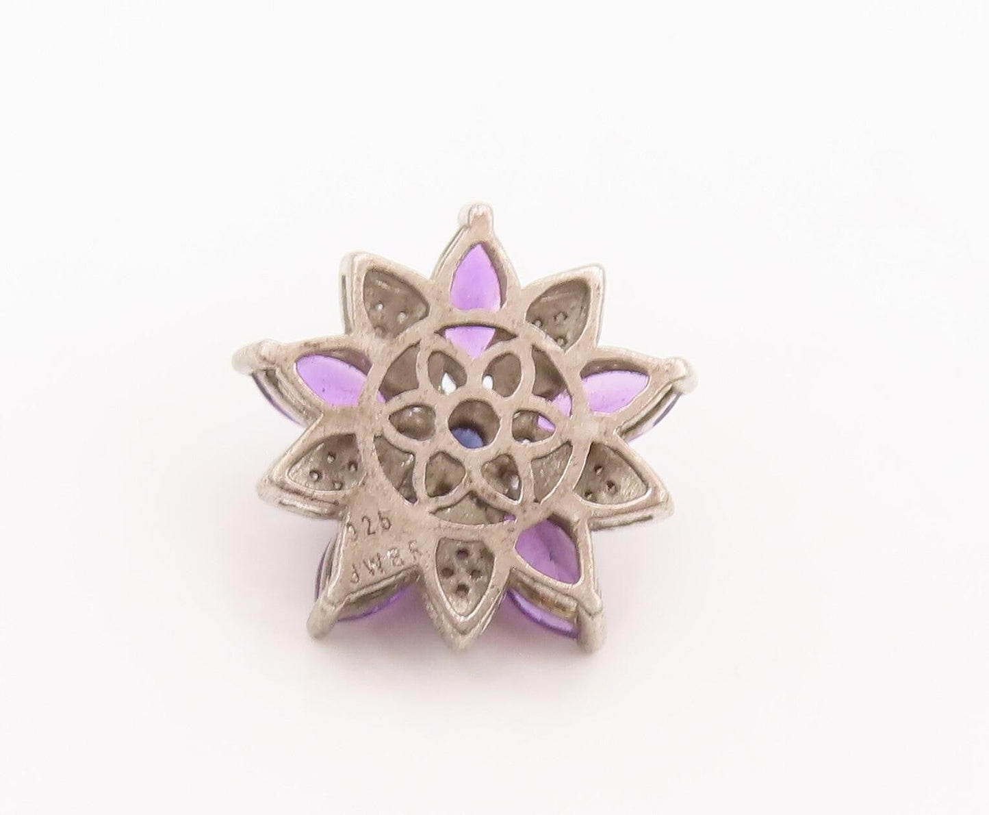 925 Sterling Silver Vintage Pendant Cutout Diamond & Amethyst Flower  PT22728