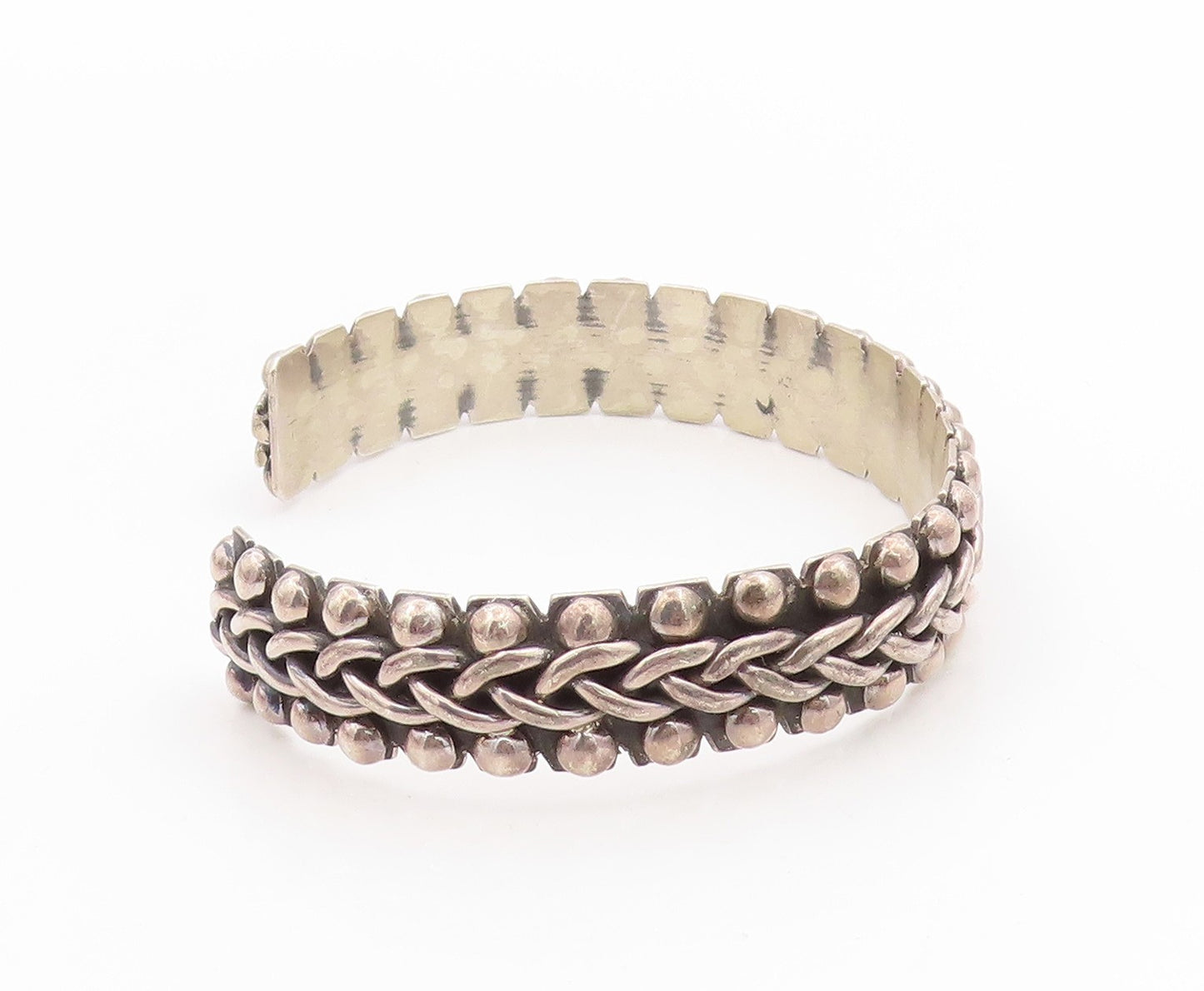 925 Sterling Silver Vintage Bracelet MEXICO Basket Weave & Beaded Cuff  BT11773