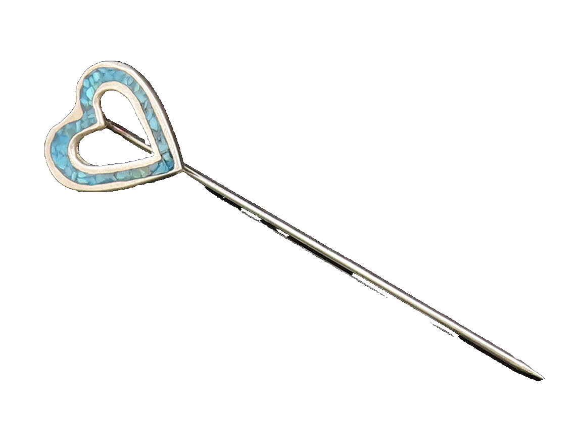 SOUTHWESTERN 925 Silver Vintage Crushed Turquoise Love Heart Lapel Pin TR3467