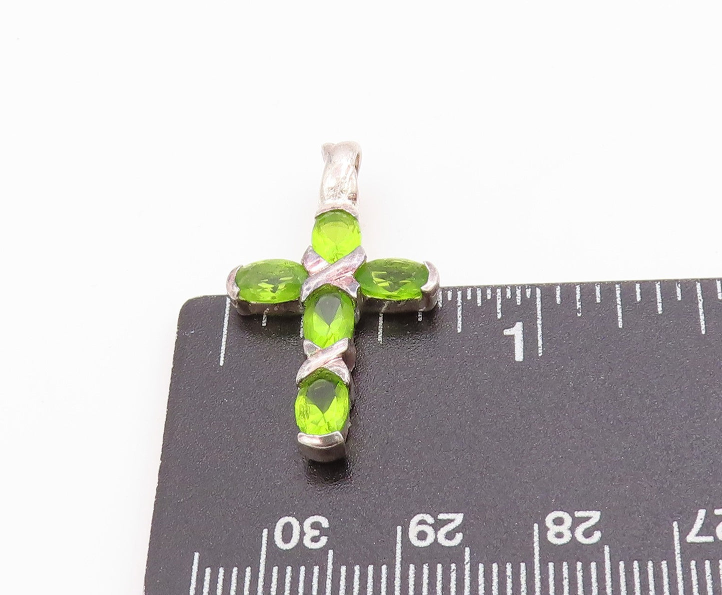 925 Sterling Silver Vintage Pendant Green Peridot Religious Cross Charm  PT24864